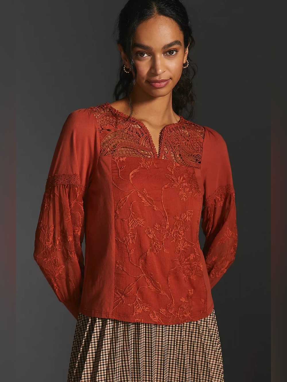 Anthropologie Tiny Noah Lace Embroidered Long Sleeve Top Rust Orange Medium
